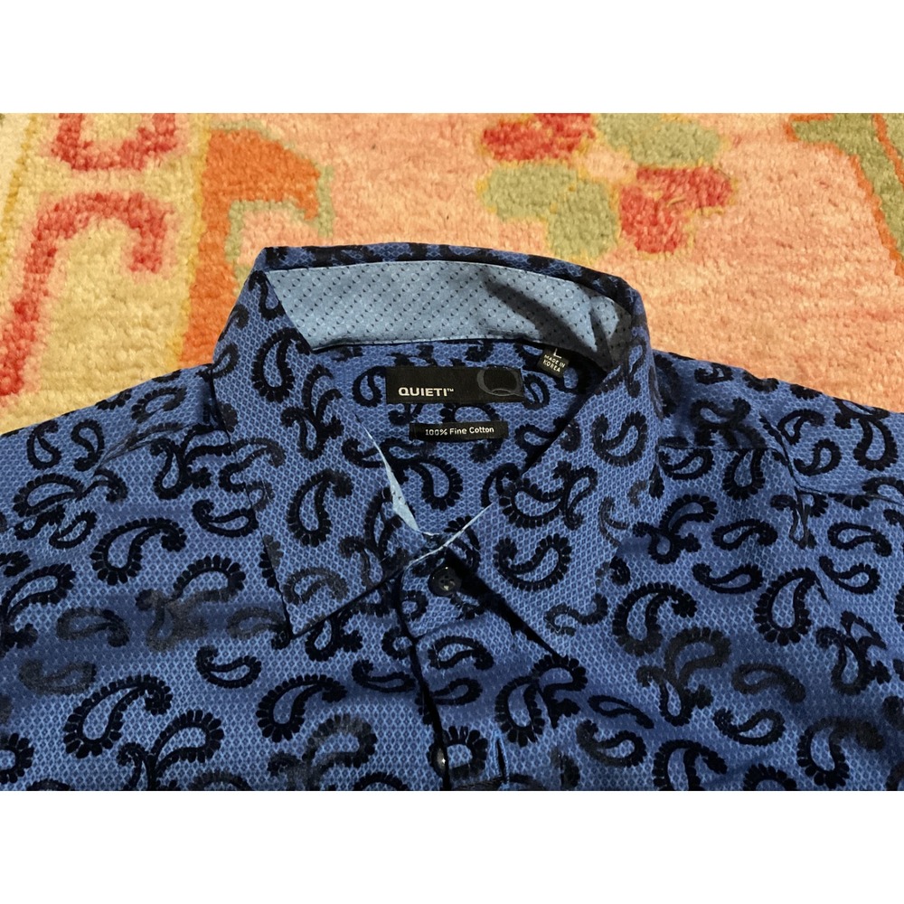 Quieti Mens Blue Paisley Flocked Cotton Button Down Shirt Large NWT - Picture 3 of 5